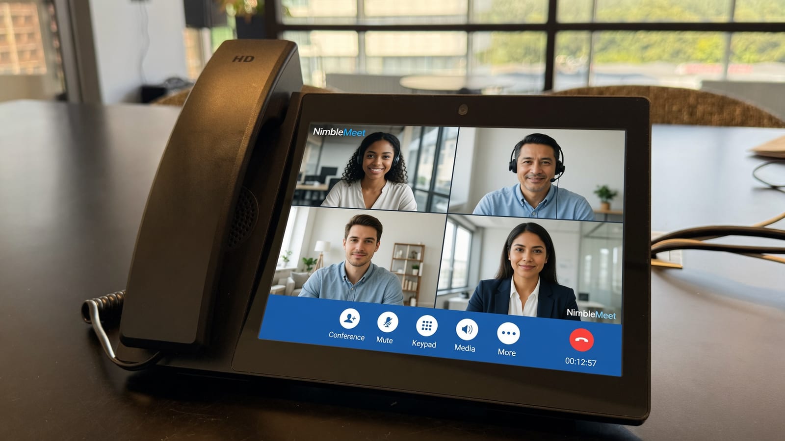A SIP desk phone with a touchscreen showing a four-person NimbleMeet video meeting