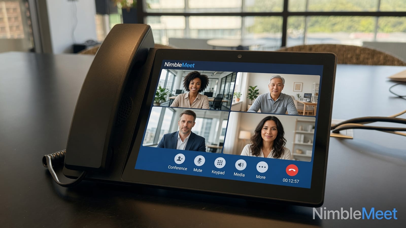 A legacy SIP desk phone displaying a four-person NimbleMeet meeting layout rendered server-side by the MCU