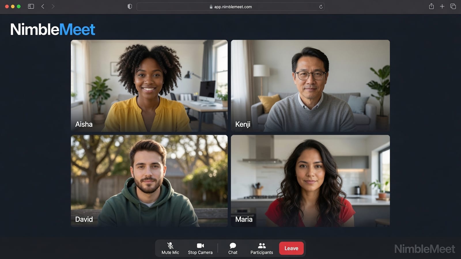 The NimbleMeet web client in a browser window with four participants in a grid layout